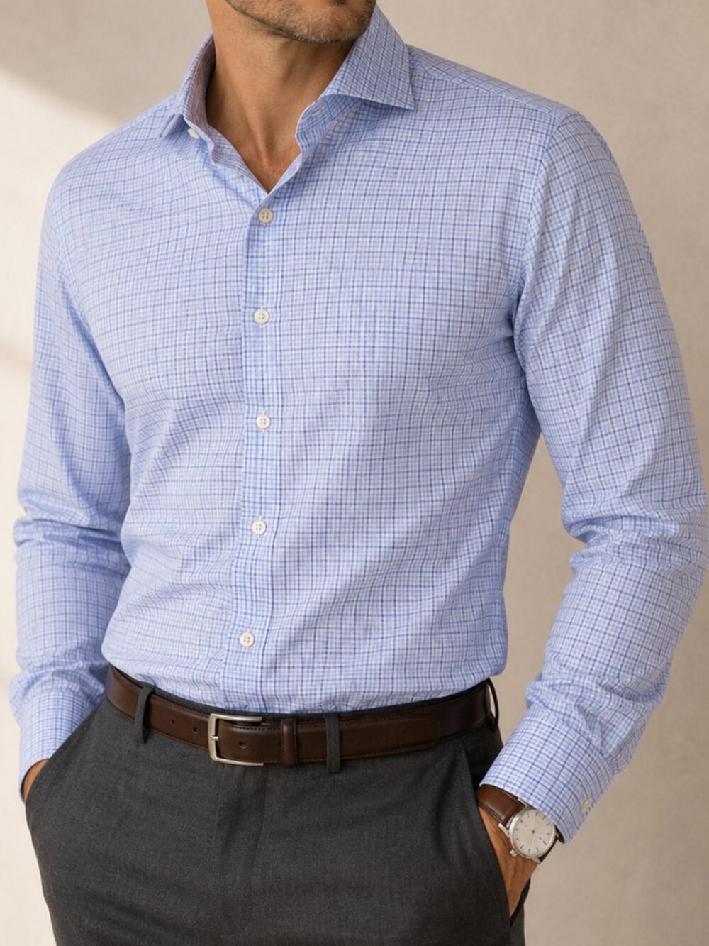 Thomas Pink Slim Fit Blue Mini Check Luxury Cotton Dress Shirt 15.5